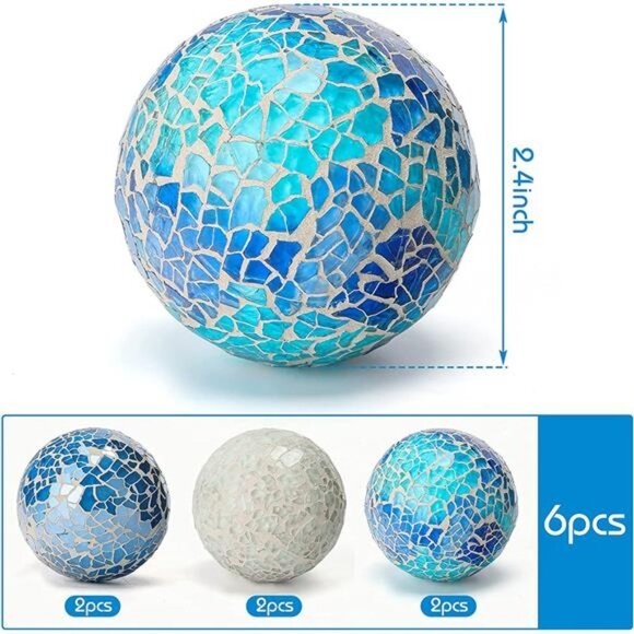 Decorative Ball Set, 6PCS 2.4 Inches Mosaic Glass Orbs Centerpiece Balls Glass - Picture 3 of 6